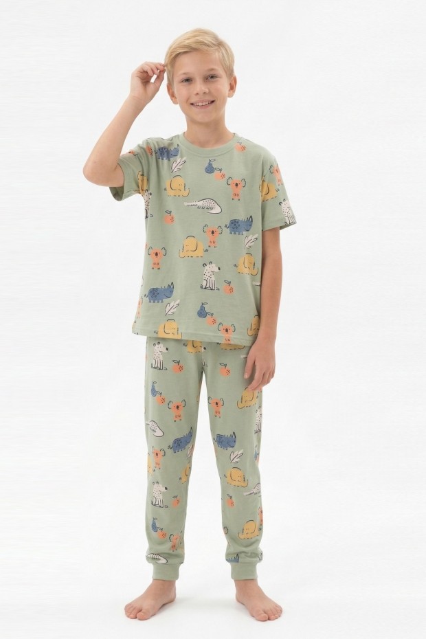 Garson Erkek Çocuk Koala ve Fil Desenli %100 Pamuk Reaktif Boyalı Süprem Kumaş Kısa Kollu Pijama Takımı