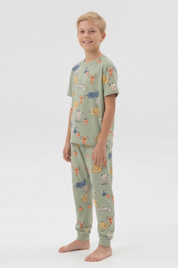 Garson Erkek Çocuk Koala ve Fil Desenli %100 Pamuk Reaktif Boyalı Süprem Kumaş Kısa Kollu Pijama Takımı