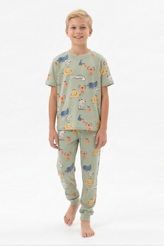 Garson Erkek Çocuk Koala ve Fil Desenli %100 Pamuk Reaktif Boyalı Süprem Kumaş Kısa Kollu Pijama Takımı