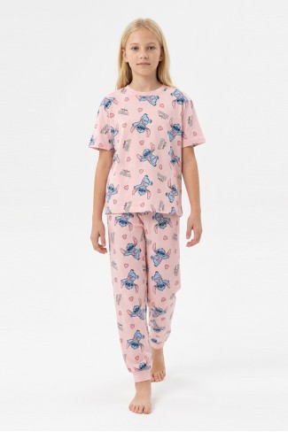 Garson Kız Çocuk Figürlü ve Kalp Desenli %100 Pamuk Reaktif Boyalı Süprem Kumaş Kısa Kollu Pijama Takımı