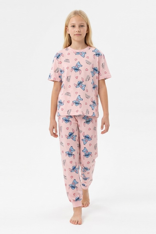 Garson Kız Çocuk Figürlü ve Kalp Desenli %100 Pamuk Reaktif Boyalı Süprem Kumaş Kısa Kollu Pijama Takımı