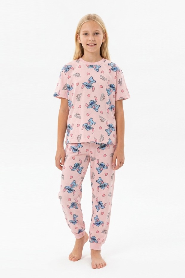 Garson Kız Çocuk Figürlü ve Kalp Desenli %100 Pamuk Reaktif Boyalı Süprem Kumaş Kısa Kollu Pijama Takımı
