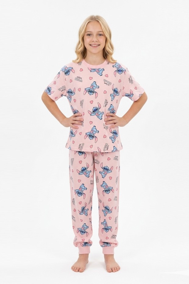 Garson Kız Çocuk Figürlü ve Kalp Desenli %100 Pamuk Reaktif Boyalı Süprem Kumaş Kısa Kollu Pijama Takımı