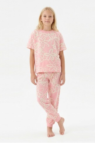 Garson Kız Çocuk Papatya Desenli %100 Pamuk Reaktif Boyalı Süprem Kumaş Kısa Kollu Pijama Takımı