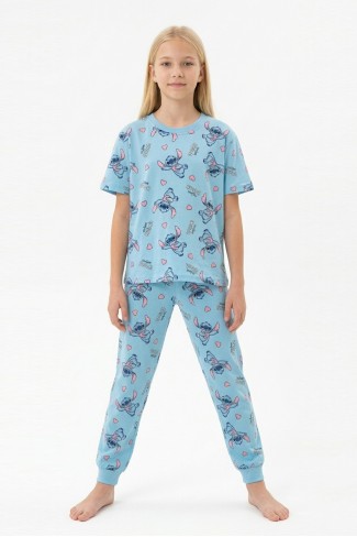 Garson Kız Çocuk Figürlü ve Kalp Desenli %100 Pamuk Reaktif Boyalı Süprem Kumaş Kısa Kollu Pijama Takımı