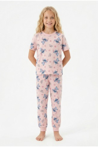 Garson Kız Çocuk Figürlü ve Kalp Desenli %100 Pamuk Penye Süprem Kumaş Kısa Kollu Pijama Takımı