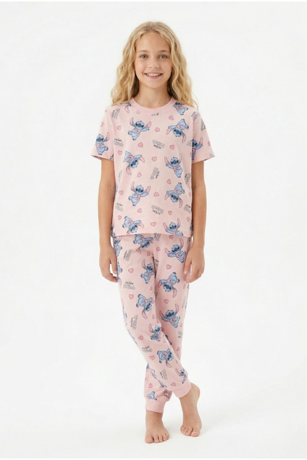 Garson Kız Çocuk Figürlü ve Kalp Desenli %100 Pamuk Penye Süprem Kumaş Kısa Kollu Pijama Takımı
