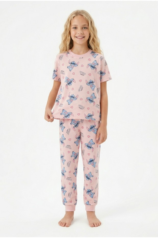 Garson Kız Çocuk Figürlü ve Kalp Desenli %100 Pamuk Penye Süprem Kumaş Kısa Kollu Pijama Takımı