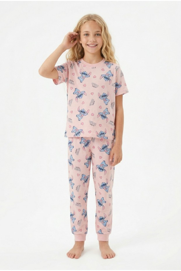 Garson Kız Çocuk Figürlü ve Kalp Desenli %100 Pamuk Penye Süprem Kumaş Kısa Kollu Pijama Takımı