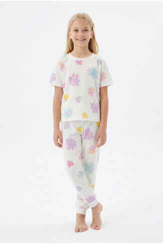 Garson Kız Çocuk Çiçek Desenli %100 Pamuk Reaktif Boyalı Süprem Kumaş Kısa Kollu Pijama Takımı