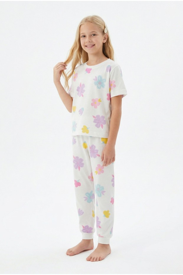 Garson Kız Çocuk Çiçek Desenli %100 Pamuk Reaktif Boyalı Süprem Kumaş Kısa Kollu Pijama Takımı