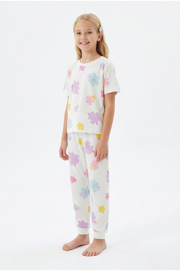 Garson Kız Çocuk Çiçek Desenli %100 Pamuk Reaktif Boyalı Süprem Kumaş Kısa Kollu Pijama Takımı