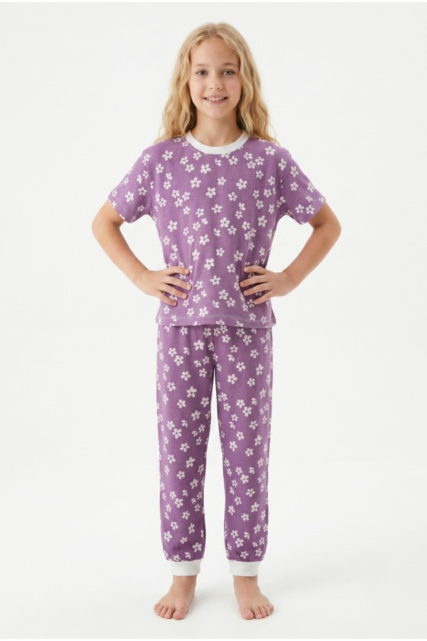 Garson Kız Çocuk Çiçek Desenli %100 Pamuk Süprem Penye Kumaş Kısa Kollu Pijama Takımı