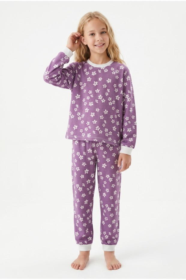 Garson Kız Çocuk Çiçek Desenli %100 Pamuk Süprem Penye Kumaş Kısa Kollu Pijama Takımı