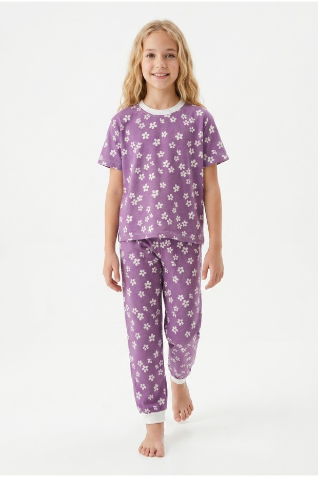 Garson Kız Çocuk Çiçek Desenli %100 Pamuk Süprem Penye Kumaş Kısa Kollu Pijama Takımı
