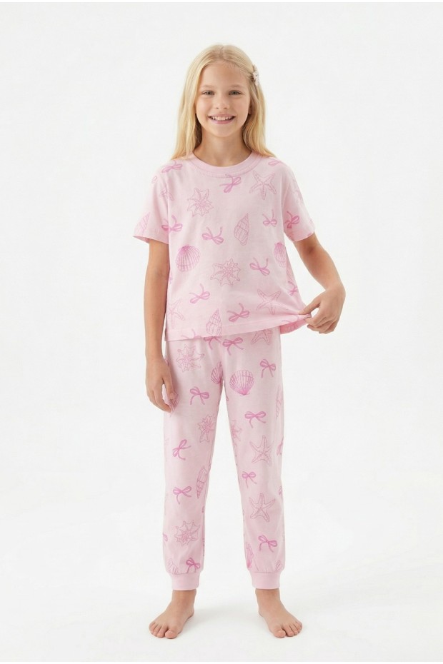 Garson Kız Çocuk Deniz Yıldızı ve İstiridye Desenli %100 Pamuk Reaktif Boyalı Süprem Kumaş Kısa Kollu Pijama Takımı