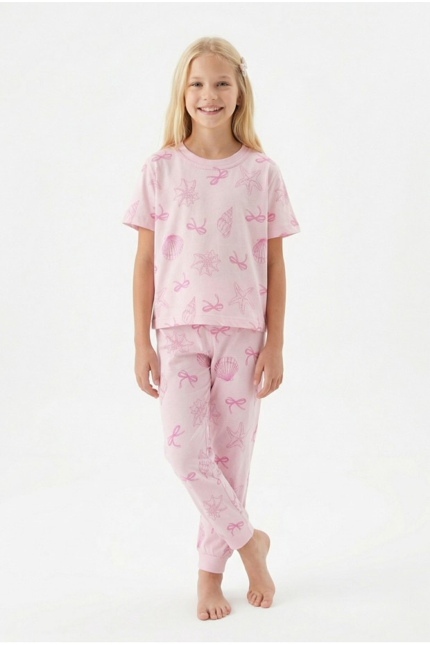 Garson Kız Çocuk Deniz Yıldızı ve İstiridye Desenli %100 Pamuk Reaktif Boyalı Süprem Kumaş Kısa Kollu Pijama Takımı