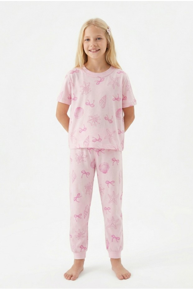 Garson Kız Çocuk Deniz Yıldızı ve İstiridye Desenli %100 Pamuk Reaktif Boyalı Süprem Kumaş Kısa Kollu Pijama Takımı