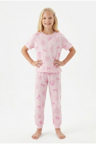 Garson Kız Çocuk Deniz Yıldızı ve İstiridye Desenli %100 Pamuk Reaktif Boyalı Süprem Kumaş Kısa Kollu Pijama Takımı