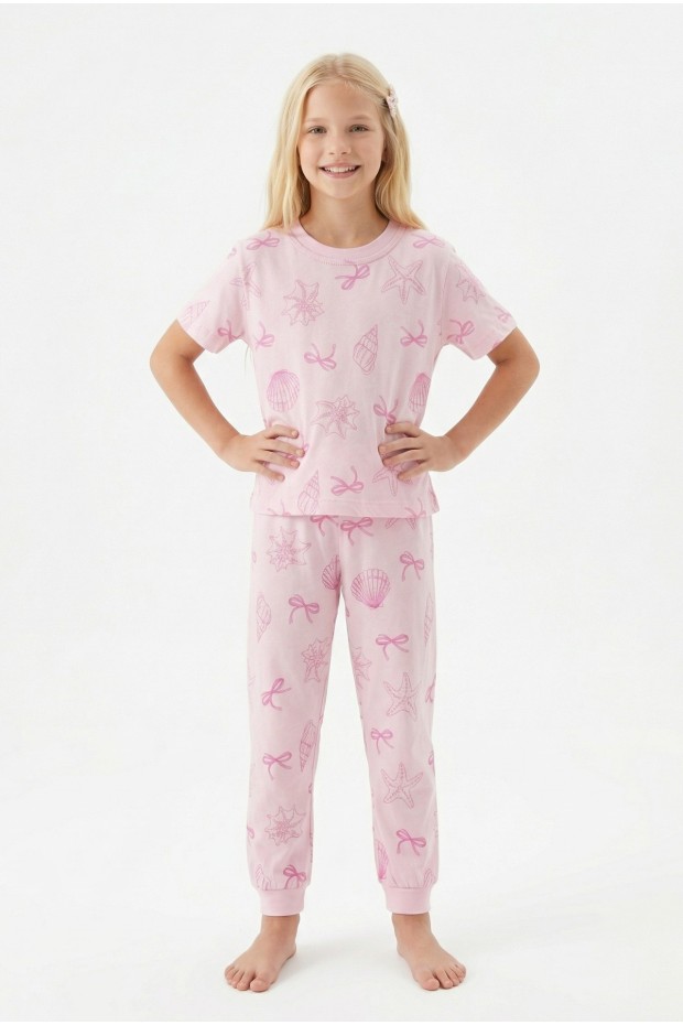 Garson Kız Çocuk Deniz Yıldızı ve İstiridye Desenli %100 Pamuk Reaktif Boyalı Süprem Kumaş Kısa Kollu Pijama Takımı