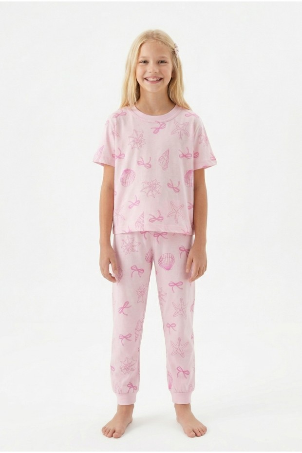 Garson Kız Çocuk Deniz Yıldızı ve İstiridye Desenli %100 Pamuk Reaktif Boyalı Süprem Kumaş Kısa Kollu Pijama Takımı
