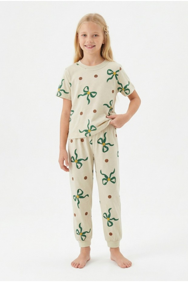 Garson Kız Çocuk Fiyonk ve Puantiye Desenli %100 Pamuk Reaktif Boyalı Süprem Kumaş Kısa Kollu Pijama Takımı
