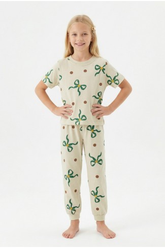 Garson Kız Çocuk Fiyonk ve Puantiye Desenli %100 Pamuk Reaktif Boyalı Süprem Kumaş Kısa Kollu Pijama Takımı