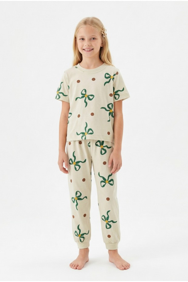Garson Kız Çocuk Fiyonk ve Puantiye Desenli %100 Pamuk Reaktif Boyalı Süprem Kumaş Kısa Kollu Pijama Takımı