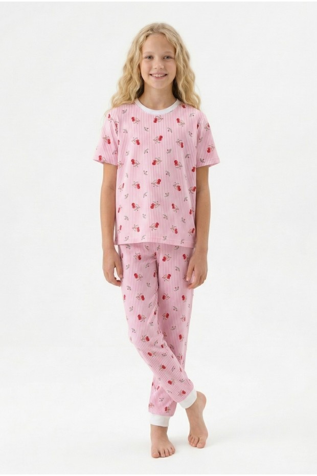 Garson Kız Kiraz Desenli Çizgili %100 Pamuk Penye Süprem Kumaş Kısa Kollu Pijama Takımı