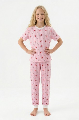 Garson Kız Kiraz Desenli Çizgili %100 Pamuk Penye Süprem Kumaş Kısa Kollu Pijama Takımı