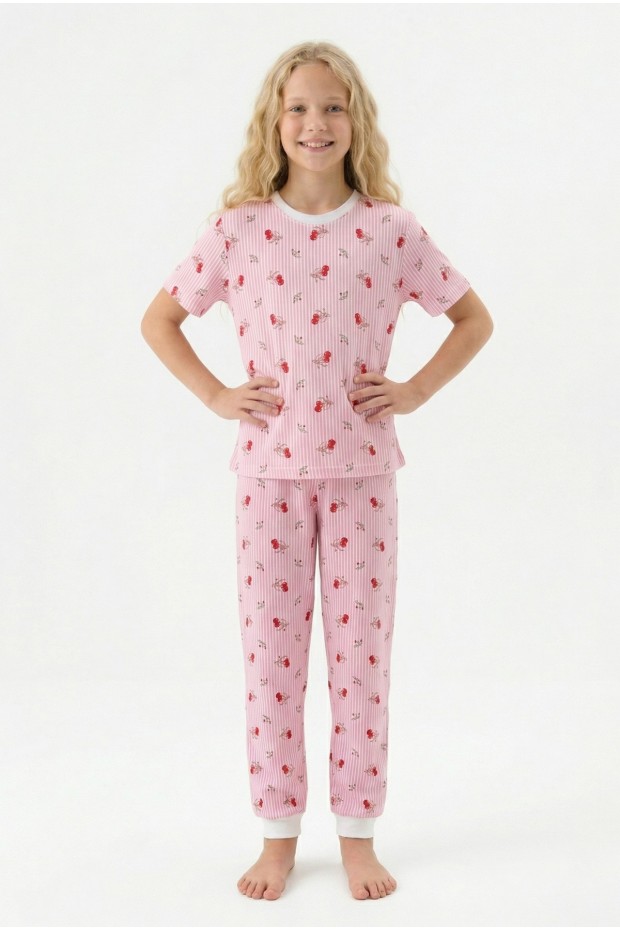 Garson Kız Kiraz Desenli Çizgili %100 Pamuk Penye Süprem Kumaş Kısa Kollu Pijama Takımı