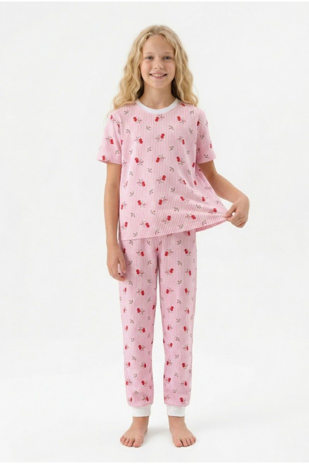 Garson Kız Kiraz Desenli Çizgili %100 Pamuk Penye Süprem Kumaş Kısa Kollu Pijama Takımı