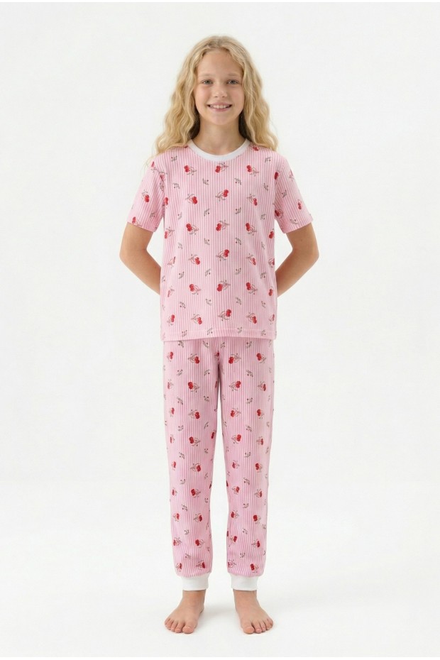 Garson Kız Kiraz Desenli Çizgili %100 Pamuk Penye Süprem Kumaş Kısa Kollu Pijama Takımı