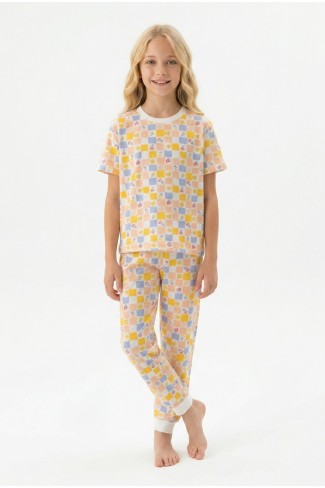 Garson Kız Çocuk ÇiçekliDesenli Kareli %100 Pamuk Reaktif Boyalı Süprem Kumaş Kısa Kollu Pijama Takımı