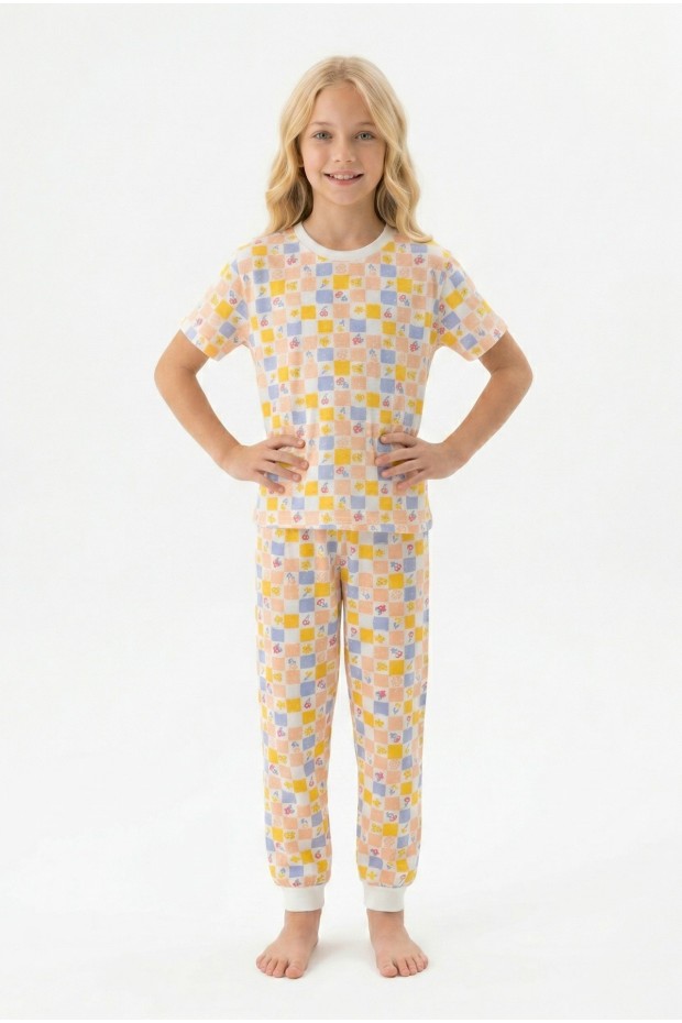 Garson Kız Çocuk ÇiçekliDesenli Kareli %100 Pamuk Reaktif Boyalı Süprem Kumaş Kısa Kollu Pijama Takımı