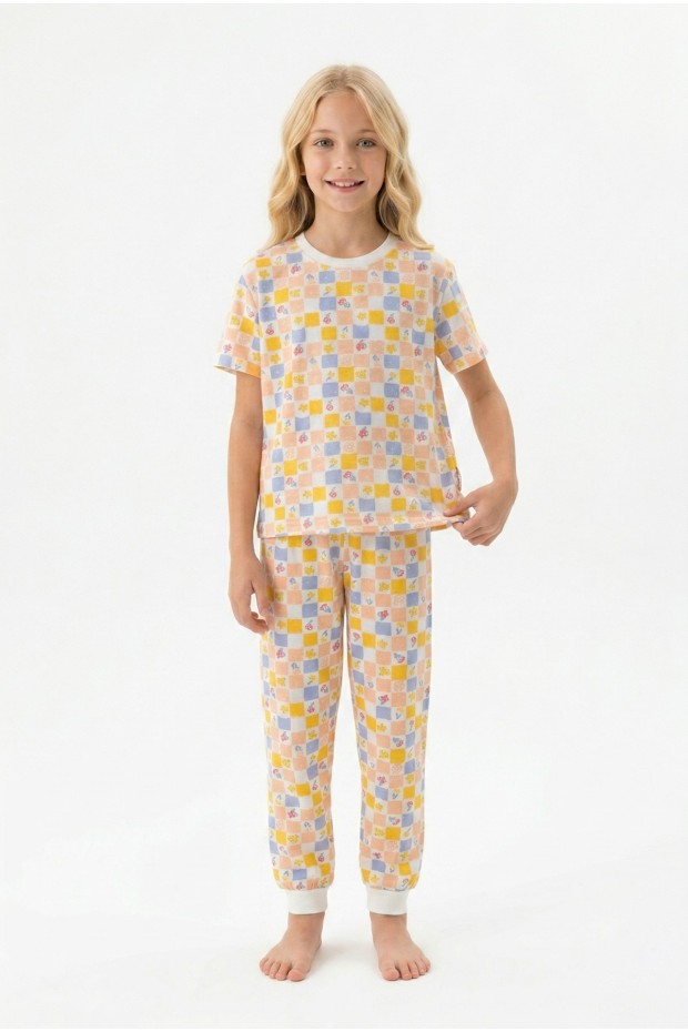 Garson Kız Çocuk ÇiçekliDesenli Kareli %100 Pamuk Reaktif Boyalı Süprem Kumaş Kısa Kollu Pijama Takımı