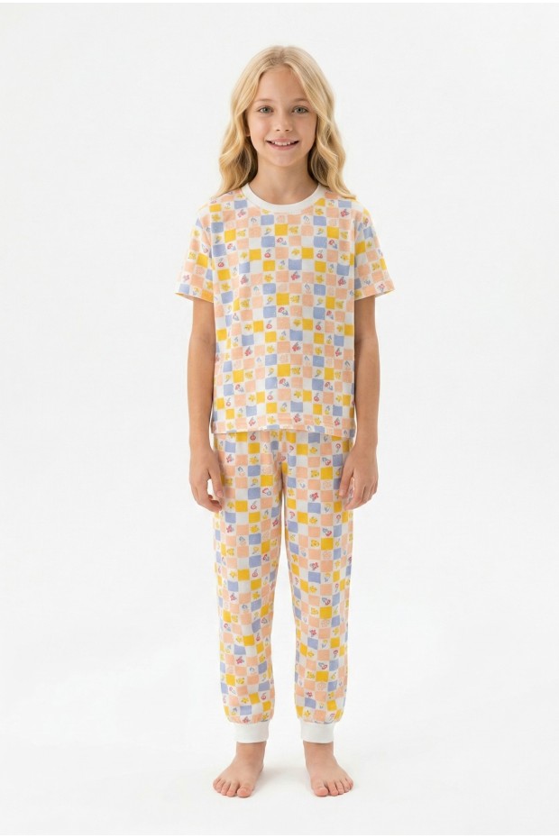 Garson Kız Çocuk ÇiçekliDesenli Kareli %100 Pamuk Reaktif Boyalı Süprem Kumaş Kısa Kollu Pijama Takımı