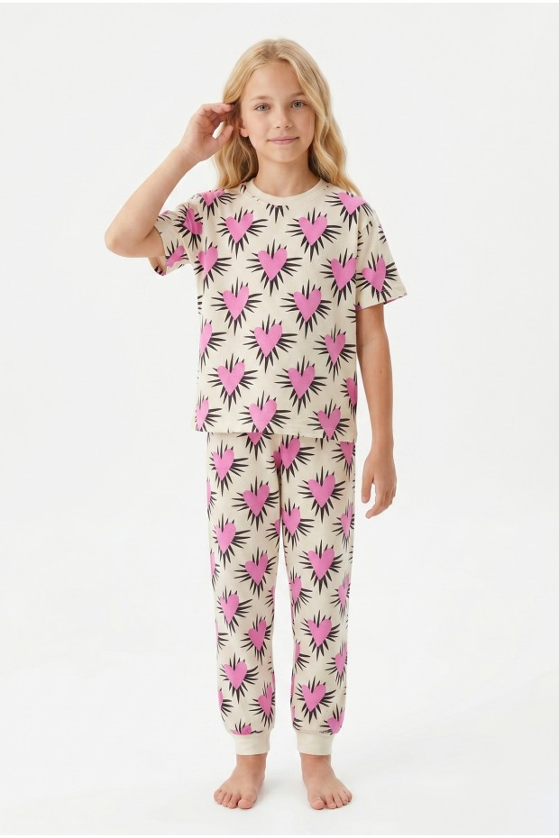 Garson Kız Çocuk Kalp Desenli %100 Pamuk Süprem Penye Kumaş Kısa Kollu Pijama Takımı