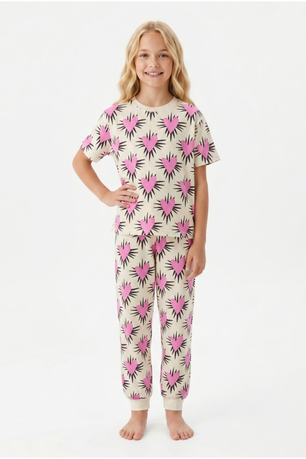 Garson Kız Çocuk Kalp Desenli %100 Pamuk Süprem Penye Kumaş Kısa Kollu Pijama Takımı