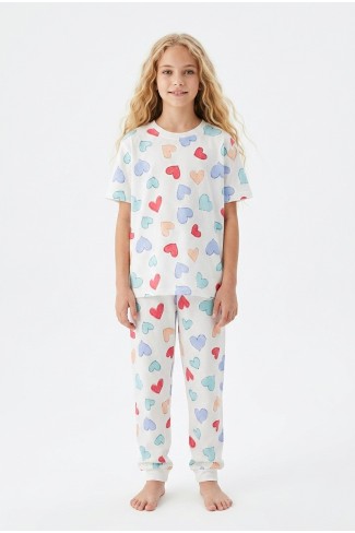 Garson Kız Çocuk Kalp Desenli %100 Pamuk Süprem Penye Kumaş Kısa Kollu Pijama Takımı