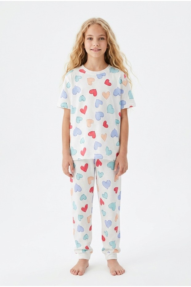 Garson Kız Çocuk Kalp Desenli %100 Pamuk Süprem Penye Kumaş Kısa Kollu Pijama Takımı
