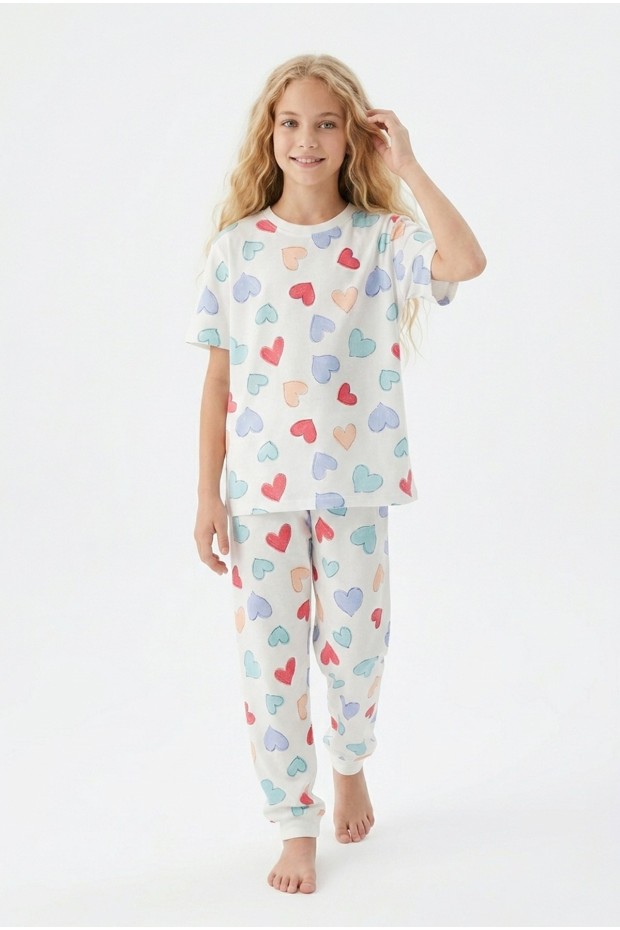 Garson Kız Çocuk Kalp Desenli %100 Pamuk Süprem Penye Kumaş Kısa Kollu Pijama Takımı