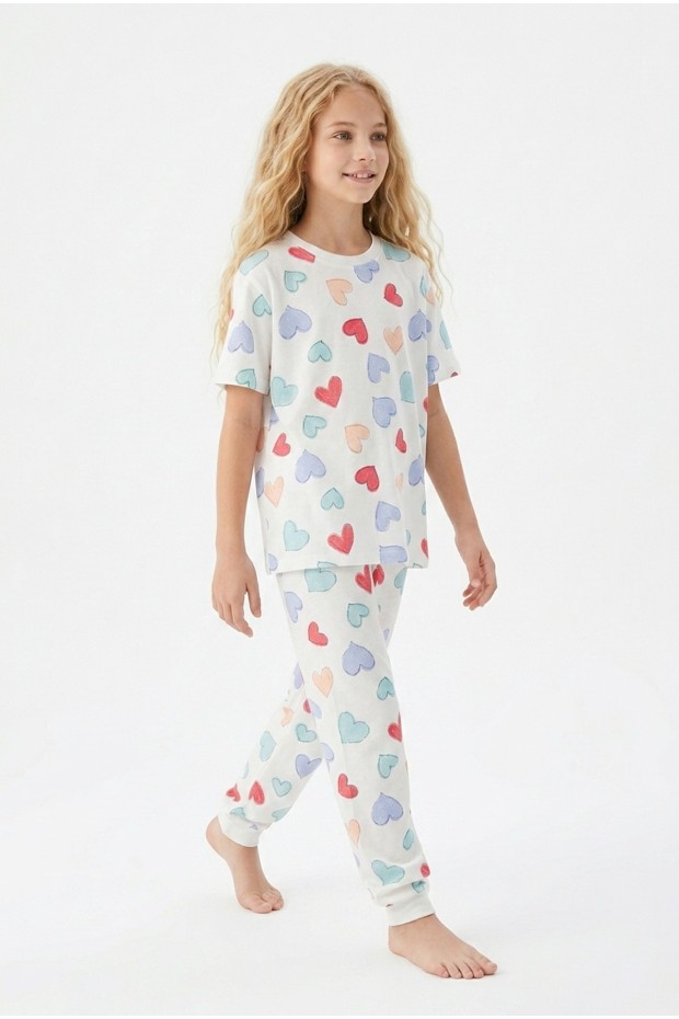 Garson Kız Çocuk Kalp Desenli %100 Pamuk Süprem Penye Kumaş Kısa Kollu Pijama Takımı
