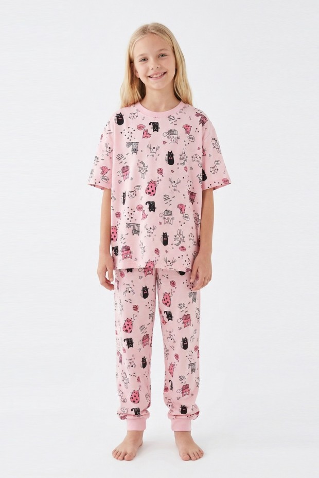 Garson Kız Çocuk Kedi Desenl %100 Pamuk Reaktif Boyalı Süprem Kumaş Kısa Kollu Pijama Takımı