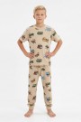 Garson Erkek Çocuk Uçak ve Araba Desenli %100 Pamuk Reaktif Boyalı Süprem Kumaş Kısa Kollu Pijama Takımı
