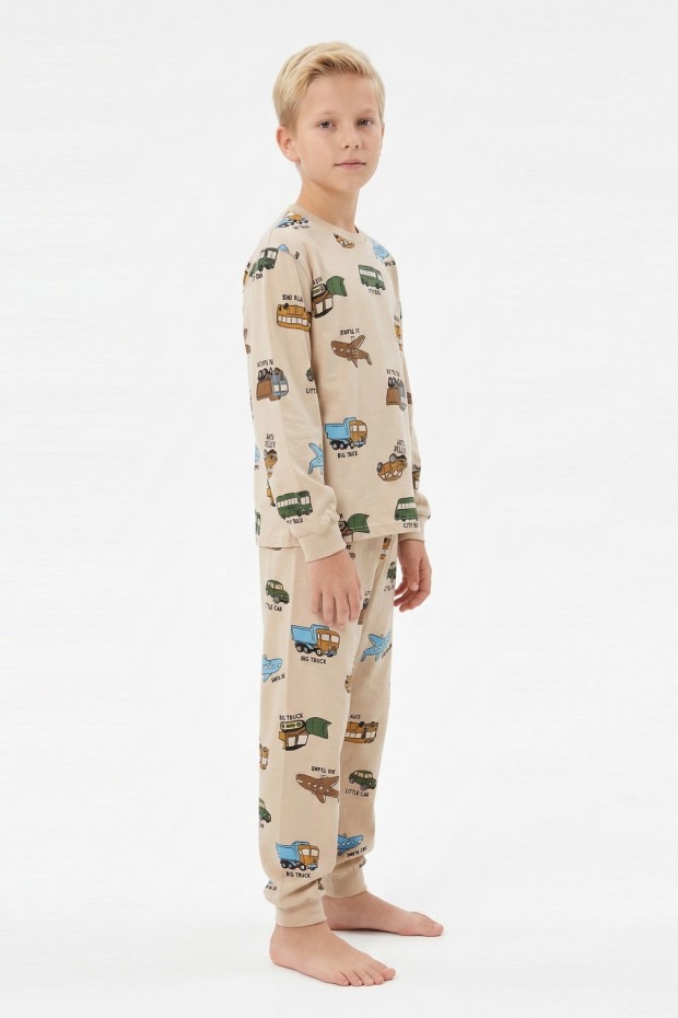 Garson Erkek Çocuk Uçak ve Araba Desenli %100 Pamuk Reaktif Boyalı Süprem Kumaş Kısa Kollu Pijama Takımı