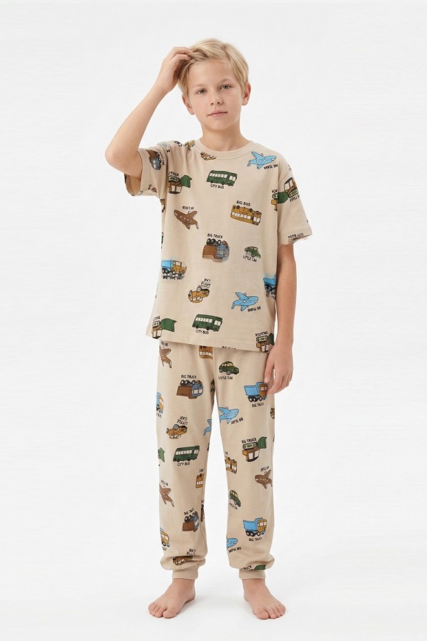 Garson Erkek Çocuk Uçak ve Araba Desenli %100 Pamuk Reaktif Boyalı Süprem Kumaş Kısa Kollu Pijama Takımı