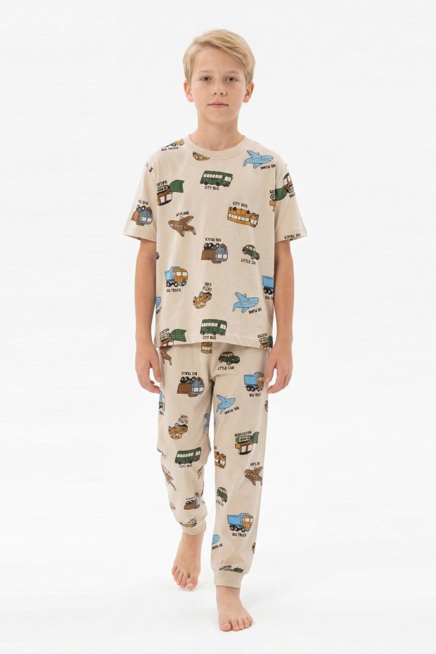 Garson Erkek Çocuk Uçak ve Araba Desenli %100 Pamuk Reaktif Boyalı Süprem Kumaş Kısa Kollu Pijama Takımı