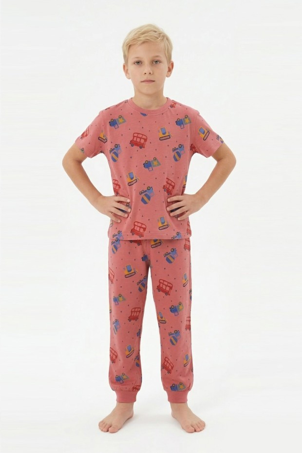 Garson Erkek Çocuk İş Makineleri ve Araç Desenli %100 Pamuk Reaktif Boyalı Süprem Kumaş Kısa Kollu Pijama Takımı