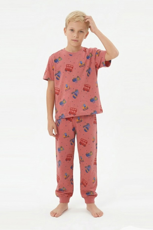 Garson Erkek Çocuk İş Makineleri ve Araç Desenli %100 Pamuk Reaktif Boyalı Süprem Kumaş Kısa Kollu Pijama Takımı